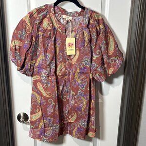 Entro Paisley Puff Sleeve Blouse - Brown and Purple